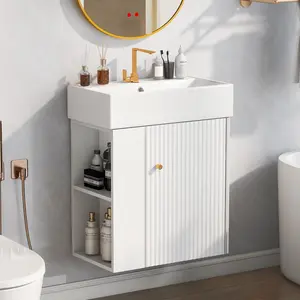 SAVEYOUR Durable 21.6*12.2*26.4in Floating Bathroom Vanity, Pre-Drilled Ceramic Basin, Wave-Patterned Door, Rose Gold Handle, Left-Side Storage, Compact for Small Bathrooms