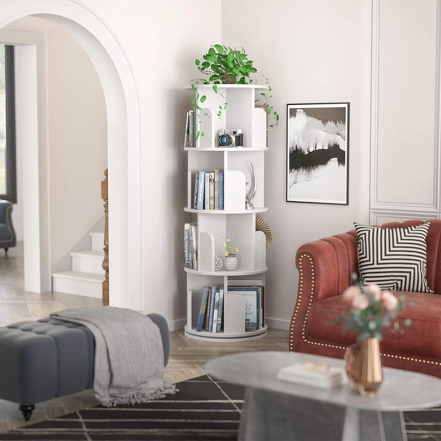 3/4 Rotating Bookshelf, Wood Corner Bookshelf, 360 Display Spinning Bookcase Storage Rack, 4 Tier Floor Standing Revolving Bookcase Narrow Book Shelf Organizer for Small Space, Bedroom, Living Room