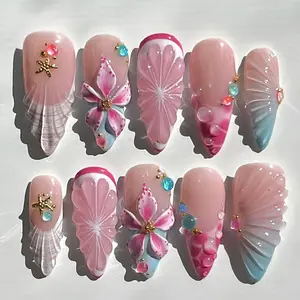 Pink Mermaid Shell Press On Nails, 3D Sea Petal & Tropical Flower Design, Glossy Blush Pink Gradient, Pearl Bubble Details, Ocean Fairycore Custom Handmade Nails, Beach Vacation Summer Aesthetic, Gifts for Her