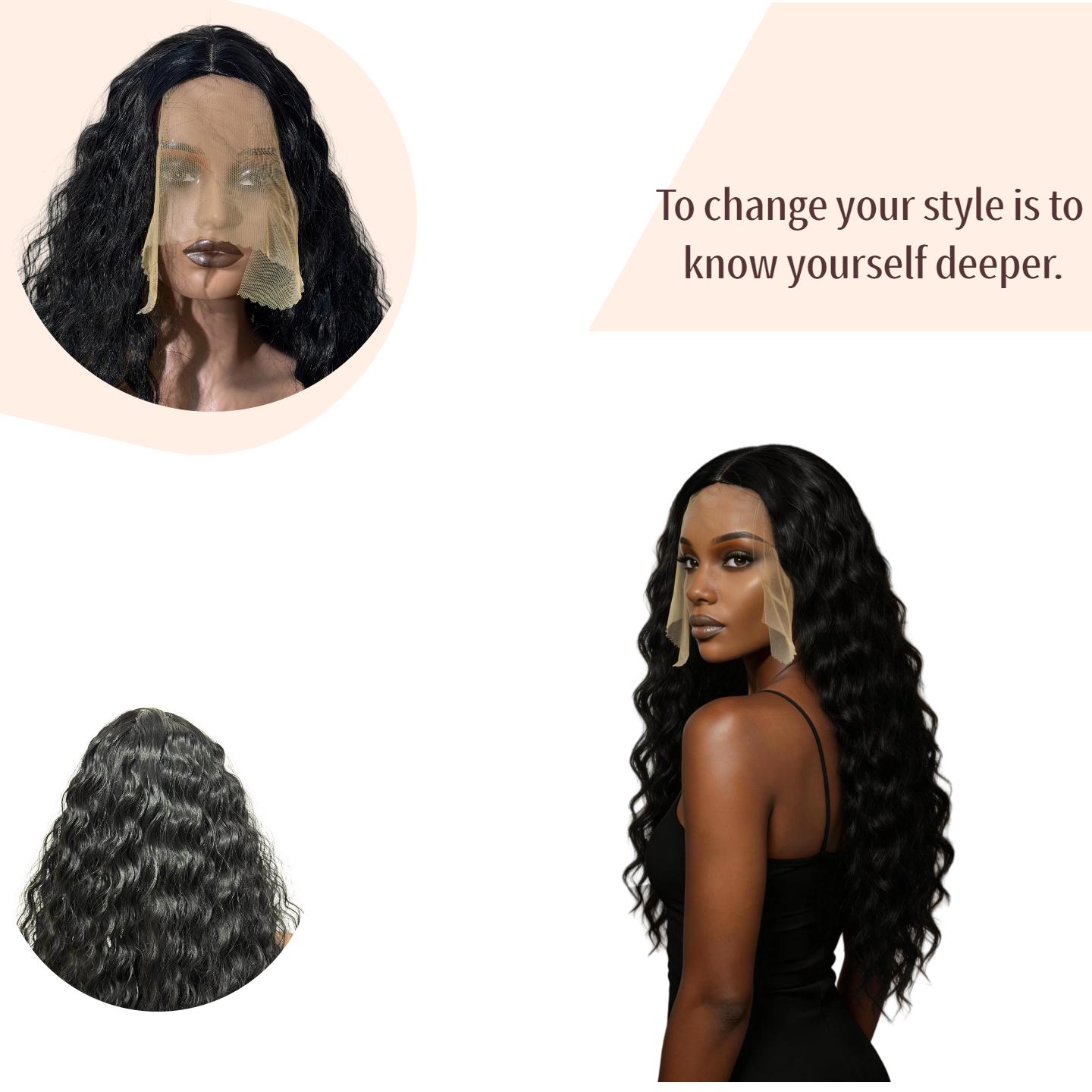 13x4 Deep Wave Lace Front Wig — 150% Density HD Lace Wig — Synthetic Hair — Suitable for Daily Wear — Natural Black (36 Inches)