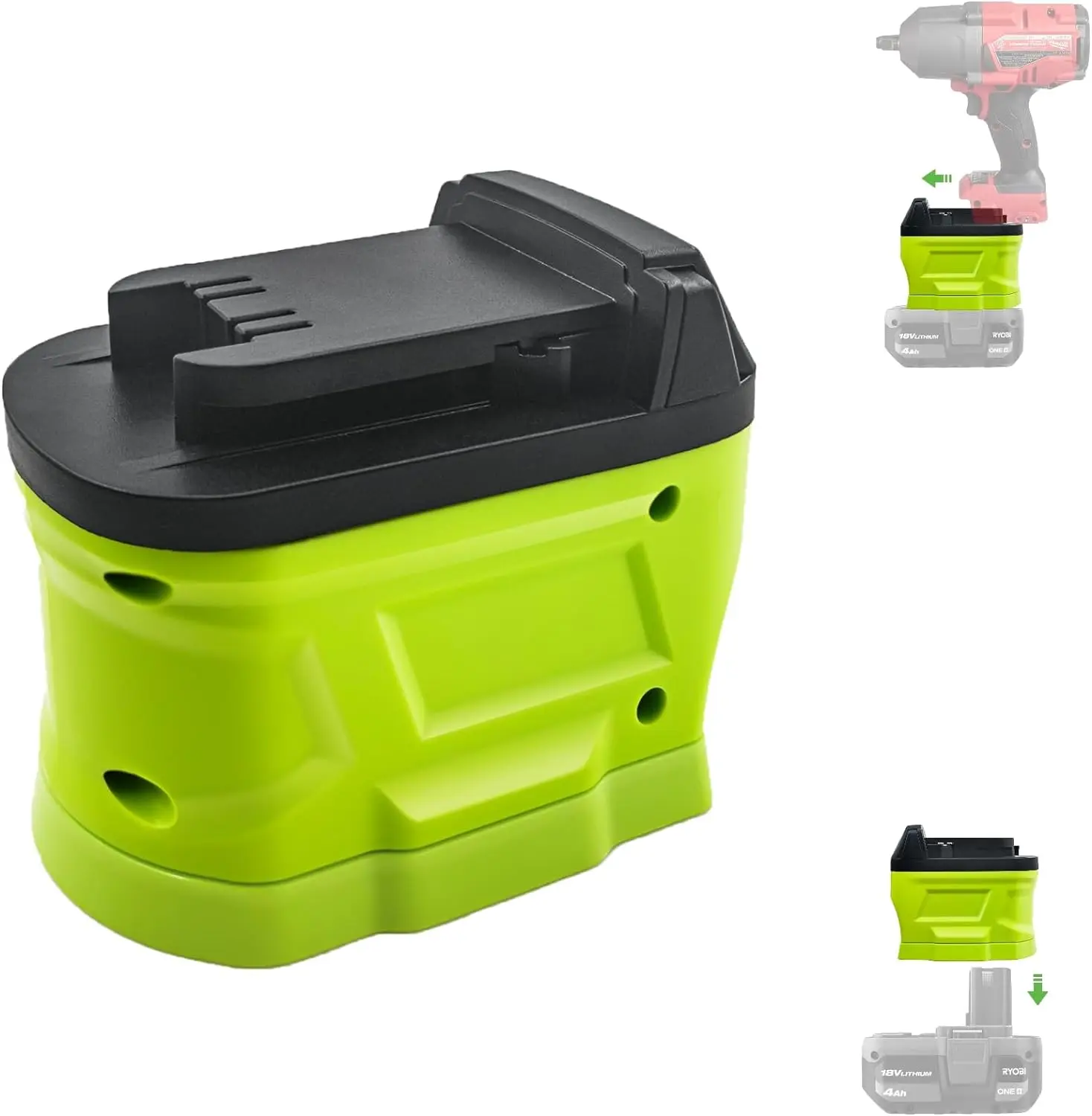 The RYB18ML Adapter allows Ryobi 18V batteries to be converted for use with Milwaukee 18V cordless power tools, saving you money on battery replacements.
