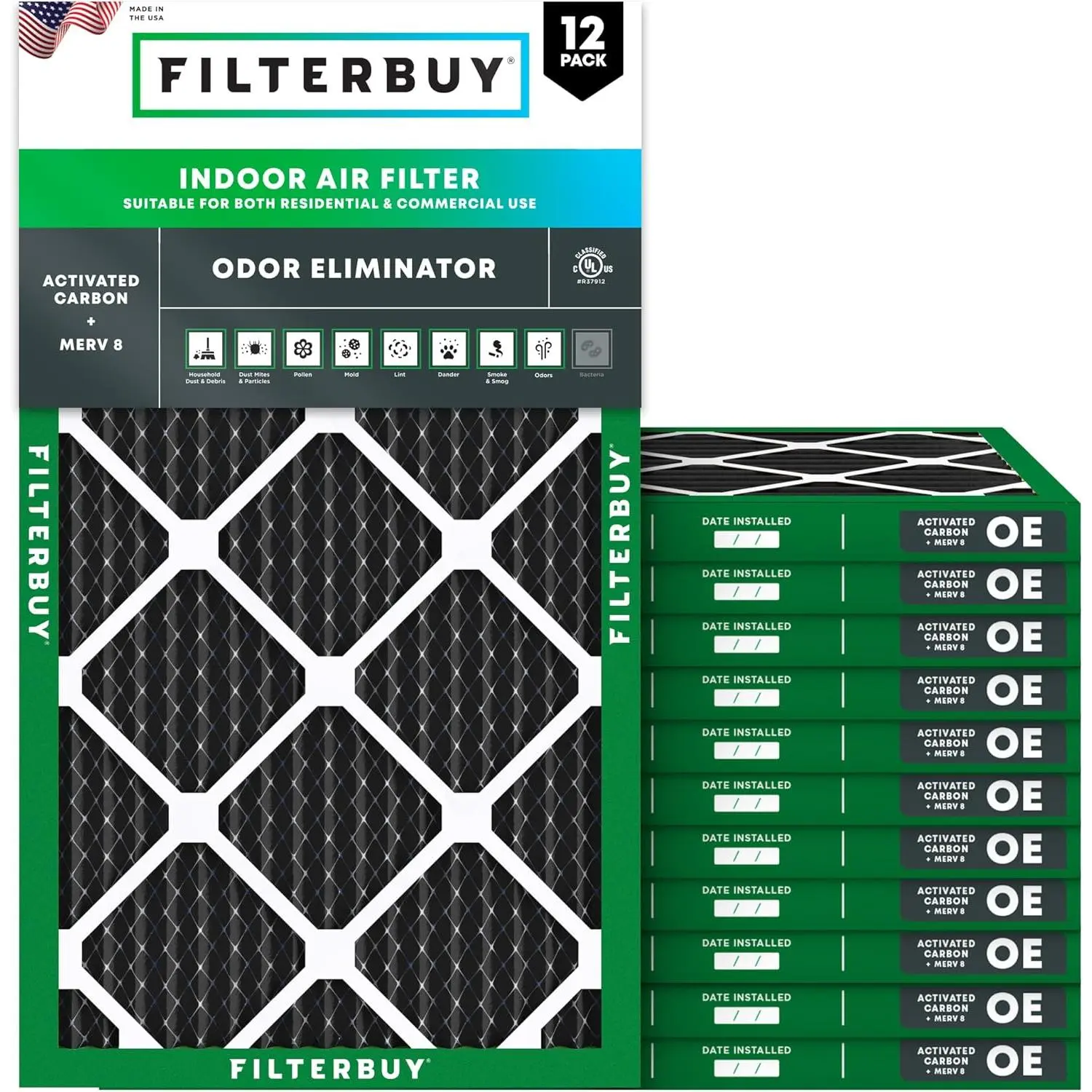 Filterbuy 16x20x1 Air Filter (12-Pack), Pleated MERV 8 Odor Eliminator HVAC AC Furnace Air Filters (Actual Size: 15.50 x 19.50 x 0.75 Inches)