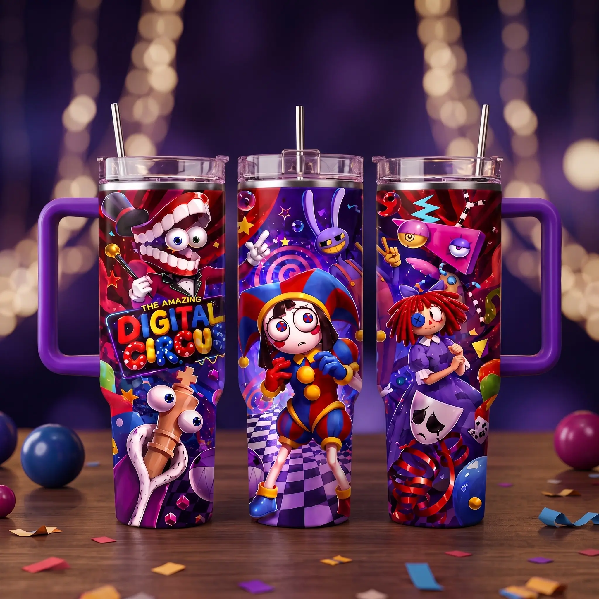 The Amazing Digital Circus Tumbler 40/30/20oz, Pomni Jax Ragatha Character Travel Mug with Handle, Cartoon Fan Gift Cup