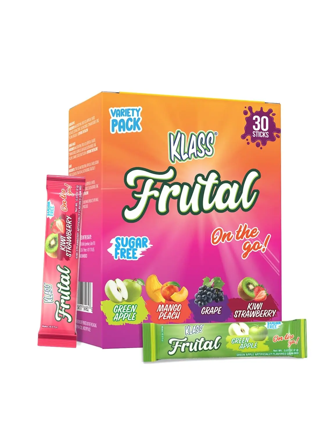 30 Pack Sugar-Free Fruit Drink Mix Sticks - Assorted Flavors Water Enhancer Packets: Green Apple, Mango Peach, Grape, Kiwi Strawberry On-The-Go