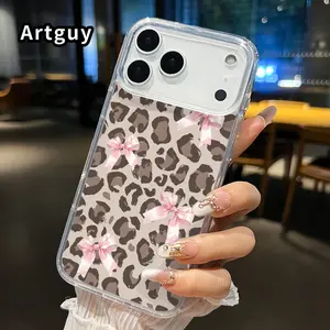 Leopard Bow Delight Pattern Magnetic Phone Case for iPhone 17 Pro Max 17 Air Non-Yellowing Clear Crystal Drop-proof Slim Silicone Shockproof Transparent Acrylic Large Hole Cover Supports Wireless Charging