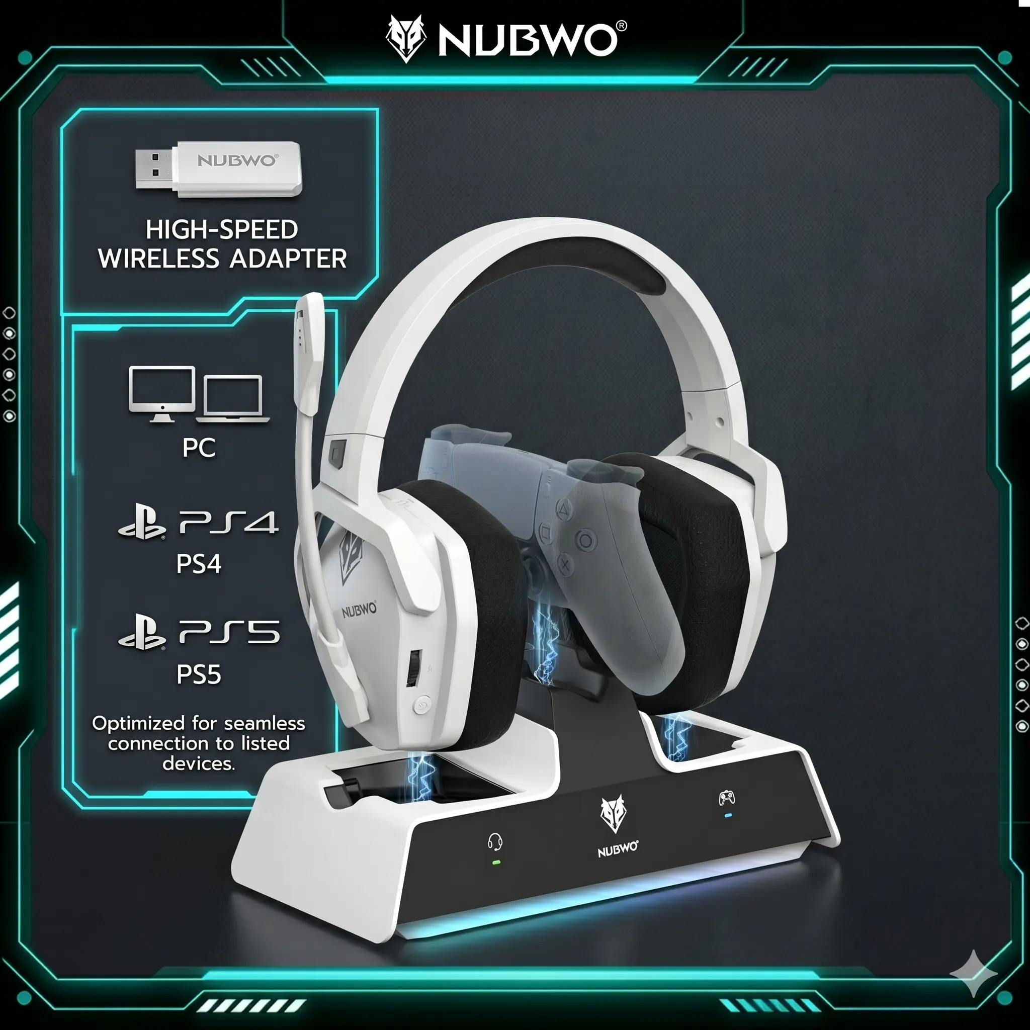 NUBWO G06 Pro Bluetooth Over Ear Gaming Headphones - PS5-Only Compatible, Dual PS5 Controller Charging Station, 17ms Low Latency, 120H Battery Life, Dynamic 50mm Drivers, Battle-Ready Glow, Anti-Slip Design - White