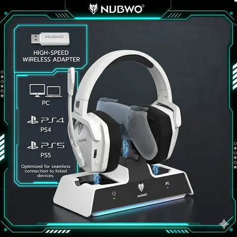 NUBWO G06 Pro Bluetooth Over Ear Gaming Headset - PS5-Only Accessory with Dual Charging Dock, 17ms Low Latency, 120H Battery, 50mm Drivers, Battle-Ready Glow, Anti-Slip Pads, Voice Control, Immersive Sound, Seamless PS5+Phone Sync, 120° ENC Mic (White), H