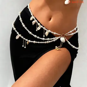 Conch Shell Pendant Waist Chain Faux Pearl Scallop Body Chain Stylish Bikini Accessory For Women Beach Vacation