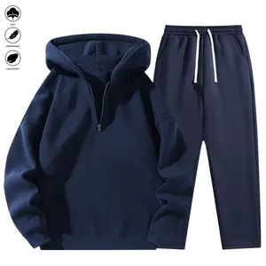 Men's Plain Two-piece Sweatsuit Set, Basic Regular Fit Casual Drop Shoulder Half Zip Hoodie & Pocket Drawstring Sweatpants, Men's Clothing