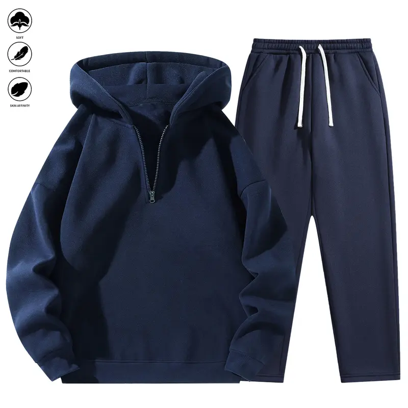 Men's Plain Two-piece Sweatsuit Set, Basic Regular Fit Casual Drop Shoulder Half Zip Hoodie & Pocket Drawstring Sweatpants, Men's Clothing