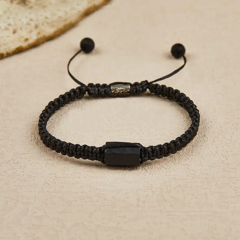 Women's Minimalist Adjustable Raw Black Tourmaline Rectangle Beaded Bracelet, Natural Stone Design for Daily Wear, Healing Natural Crystal Bracelets & Anklets with Protection Power, Classic Natural Crystal Bracelets & Anklets
