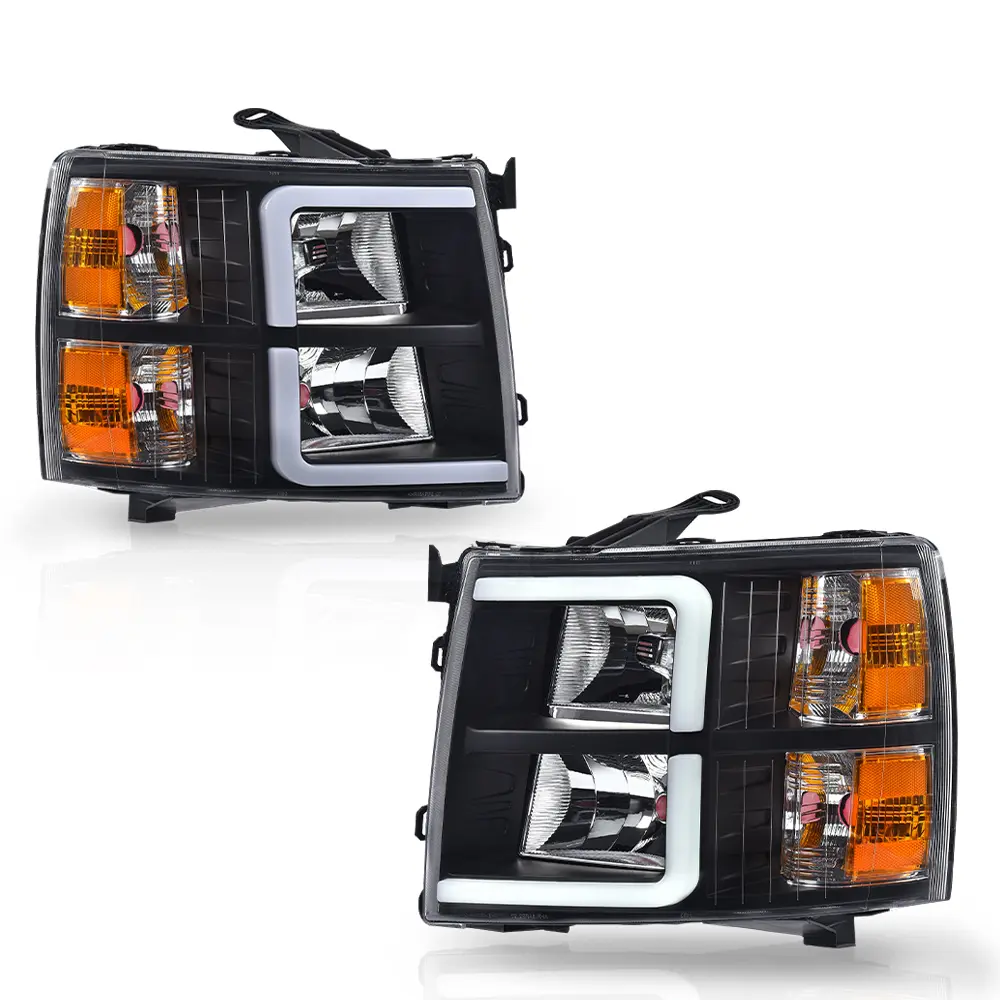 LED Headlights Fit For Chevy Silverado 2007-2013 Tube DRL Black/Amber Lamps Cool Style