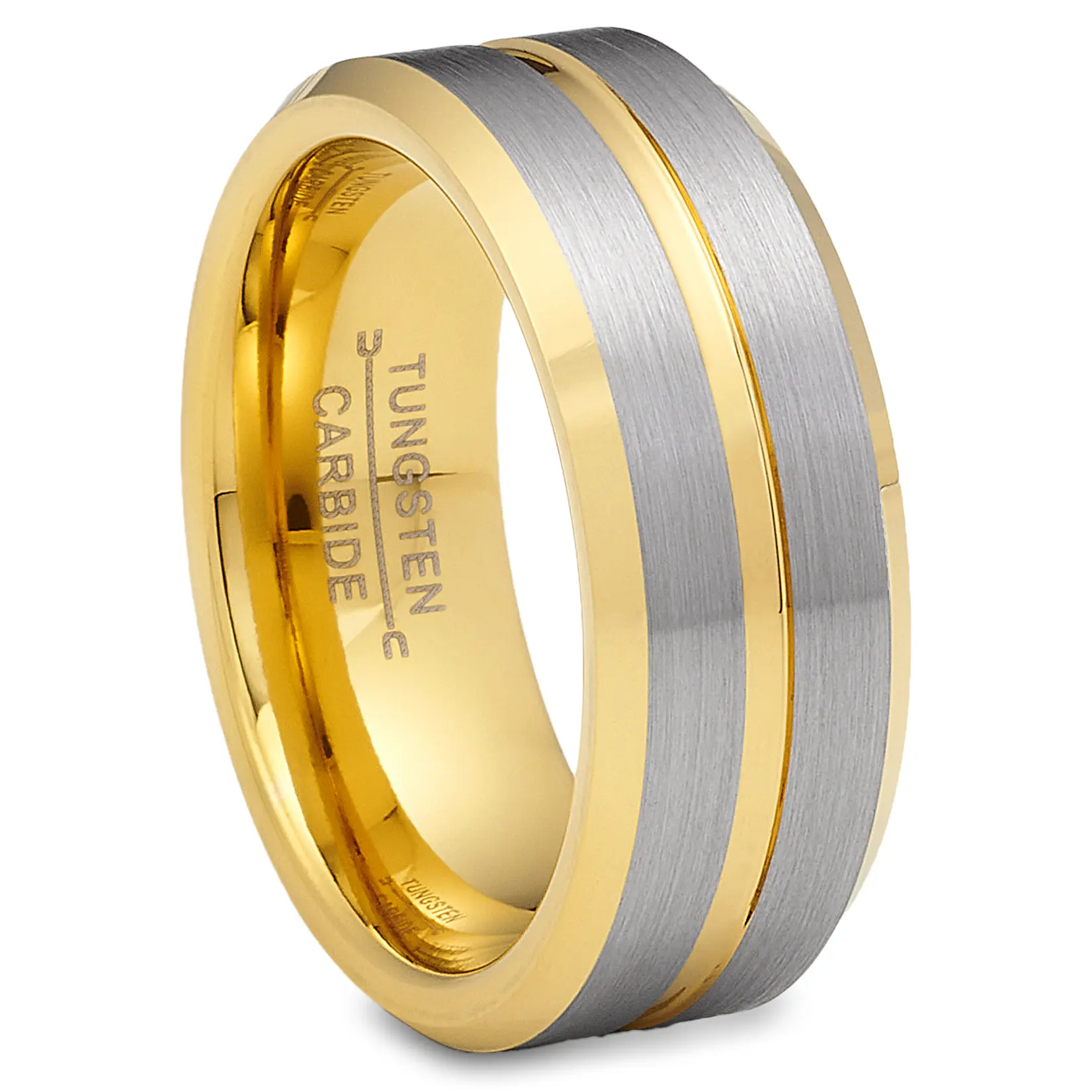 Tungsten Carbide Rings for Men, Tarnish-Safe Gold Plated 8MM Comfort-Fit Wedding Band with Flat-Top & Grooved Center