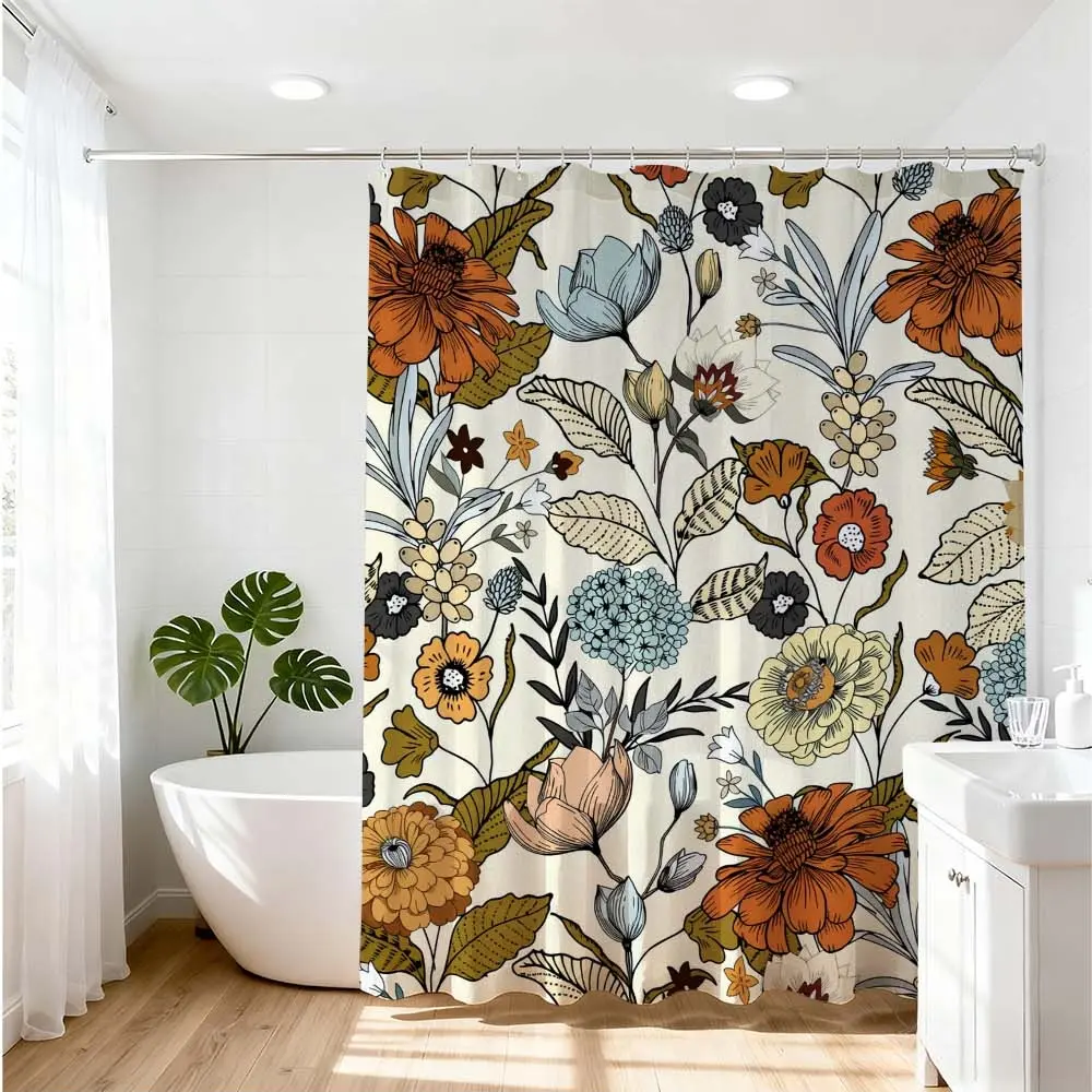 1pc Vintage Floral Removable Aesthetic Shower Curtain for Elegant Bathroom Decor, Bathroom Supplies, Enhance Your Home Decoration with Orange, Blue, Green, and Beige Flower Patterns for Stylish Bathing Atmosphere