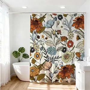 1pc Vintage Floral Removable Shower Curtain for Elegant Bathroom Decor, Bathroom Supplies, Enhance Your Home Decoration with Orange, Blue, Green, and Beige Flower Patterns for Stylish Bathing Atmosphere