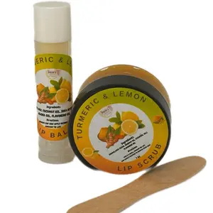 Turmeric & Lemon Lip Scrub and Lip Balm Set with JoJoba Oil & Shea Butter for Soft Lips