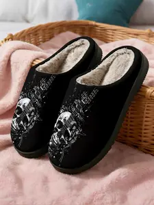 ✨Skull Guitar Fuzzy Slippers 1 Pair Rock Dark Cool Style, Plush Warm + Non-slip Thick Sole + Comfortable Fuzzy Lining, Perfect for Rock Enthusiasts & Dark Cool Style Lovers in Winter Home Wear🔥 Footwear
