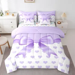 Purple Bowknot 7 Piece Bedding Set Cute Love Heart Comforter Set with Sheets for Kids Boys Girls Princess Style Bed in a Bag Purple White Bed Set Soft Lightweight
