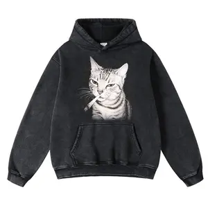 Smoking Cat Oversized Unisex Casual Vintage Hoodie, Acid Wash Pullover with Heavyweight Cotton Sweaters, Soft Fleeced Fabric, and Distressed Hoody Style -Casual Warm and Retro Sweatshirts Top for Men and Women