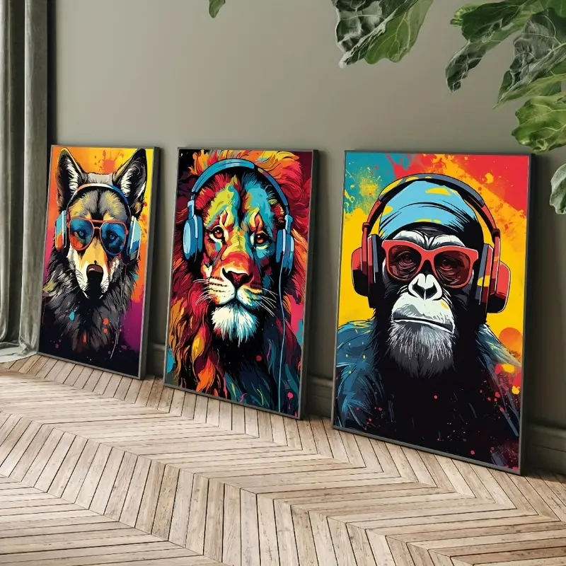 Vibrant Animal Canvas Art - 3-Piece Tiger Wolf Chimpanzee Prints Unframed Poster Ornaments for Bedroom Black Decorative Photo Art wall decor wall art poster wall decor for men poster