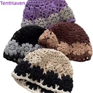 2026 color blocked hand crocheted hollow toe cap for girls in spring, breathable, retro, fashionable and face enhancing small pullover hat