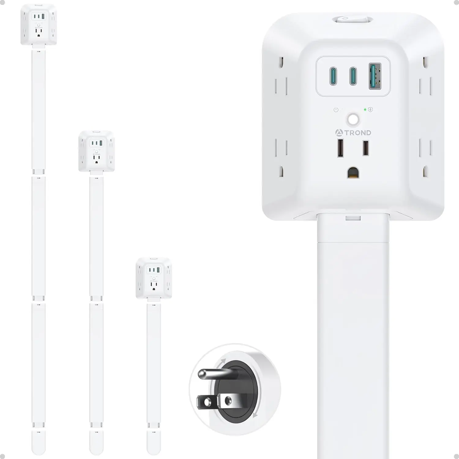 TROND 360° Rotating Outlet Extender, Access Hard-to-Reach Outlets, Rotatable Outlet Extender with 5 Sockets & USB-A & Fast Charging USB-C Ports,16-39" Modular Extension for Behind Furniture, 1440J