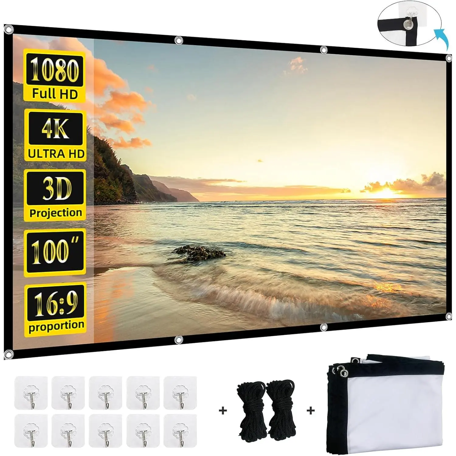 100-inch Projector Screen 4K 16:9 HD Foldable Washable Portable Projection Movies Screens Support Double Sided Projection for Home Theater Backyard Outdoor Indoor