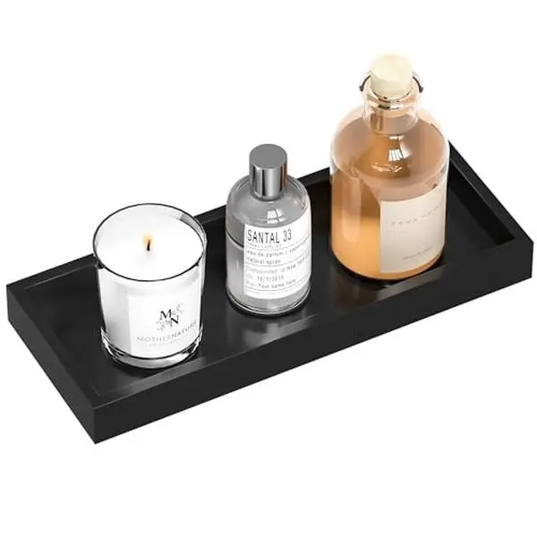 Bathroom Vanity Tray Bamboo - for Counter Wood Small Decorative Tray, Dresser Top Perfume Home Decoration 11.3” L x 4.4” W 1.14” H （Black）