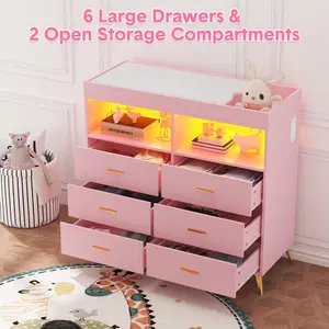 YJ-Garvee Convertible 6-Drawer Dresser with Baby Changing Table, LED Lights, USB Charging Station, Includes Changing Table Top Pad and Metal Feet, Suitable for Nursery or Bedroom, Available in White and Black