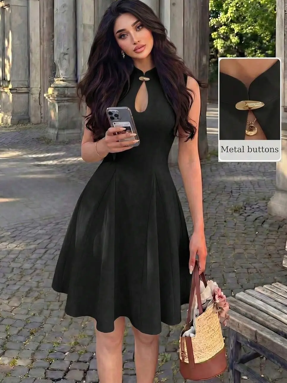 🌸 Women's Sleeveless White Midi Dress, Gold Buckle Waist Shaping Dress For Vacation, Brunch And Special Occasions.