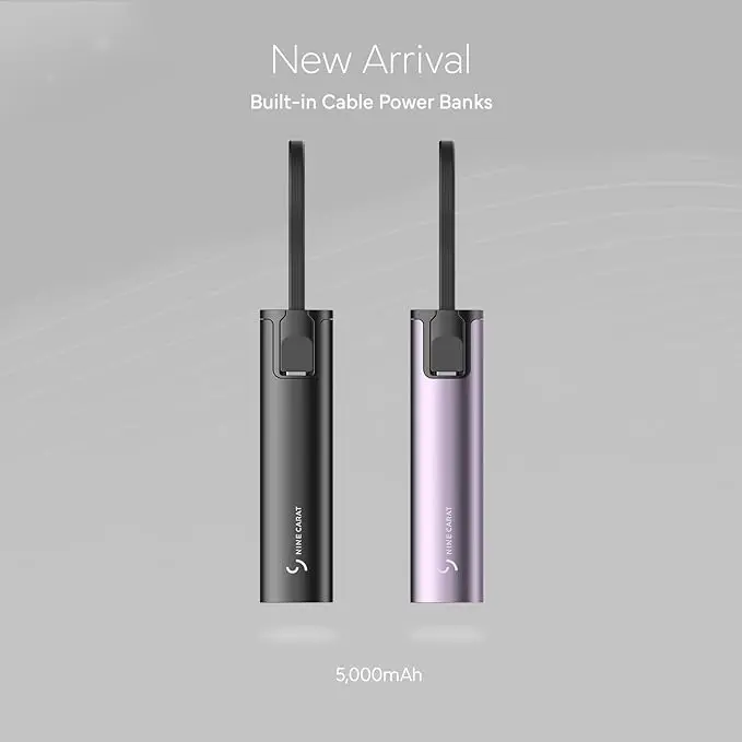 NineCarat 5000mAh Portable Charger with Built-in USB-C Cable - 18.5W Fast Charging Mini Power Bank for iPhone 15 16 17 Pro Max & Android - Cute Travel Battery Pack Gift (Black Friday Deal)