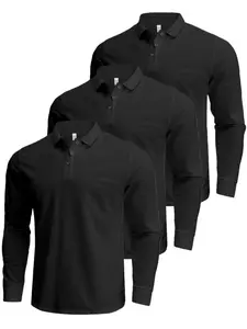 S-XXXL 3 Pack Men's Long Sleeve Fitted Plain Knit Polo Shirt,Sports Casual Classic Button Collared Top,Winter Fashion Golf Pullover Tee Shirts