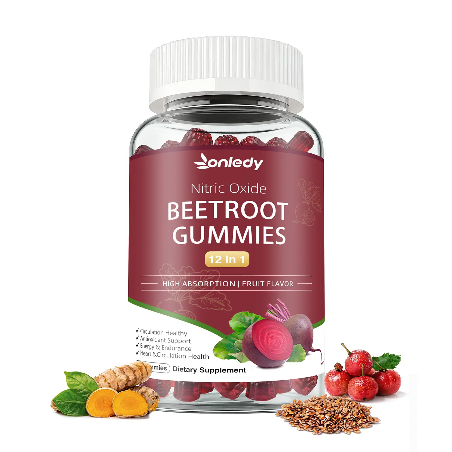 Onledy Beets Gummies - Premium Beet Root Powder, Grape Seed Extract and Vitamin C - Supports Healthy Blood Pressure and Heart Health - Low Sugar Nitric Oxide and Circulation Supplement - 60 Gummies