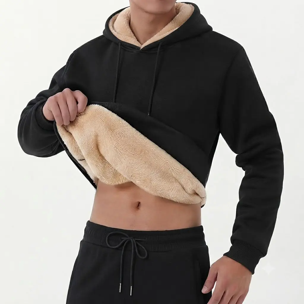 Winter Fashion Solid Color Fleece-Lined Hooded Sweatshirt – Warm for winter, soft fleece pullover with large pockets, comfortable and casual for home and outdoor wear, multifunctional for leisure outings, solid color men’s fashion hoodie