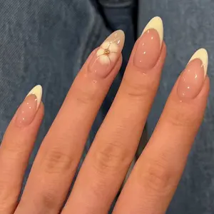24pcs Long Almond Fake Nails, Nude Base + Cream French Tip + Hand-Painted Hibiscus + Gold Beads, Reusable, Beginner-Friendly