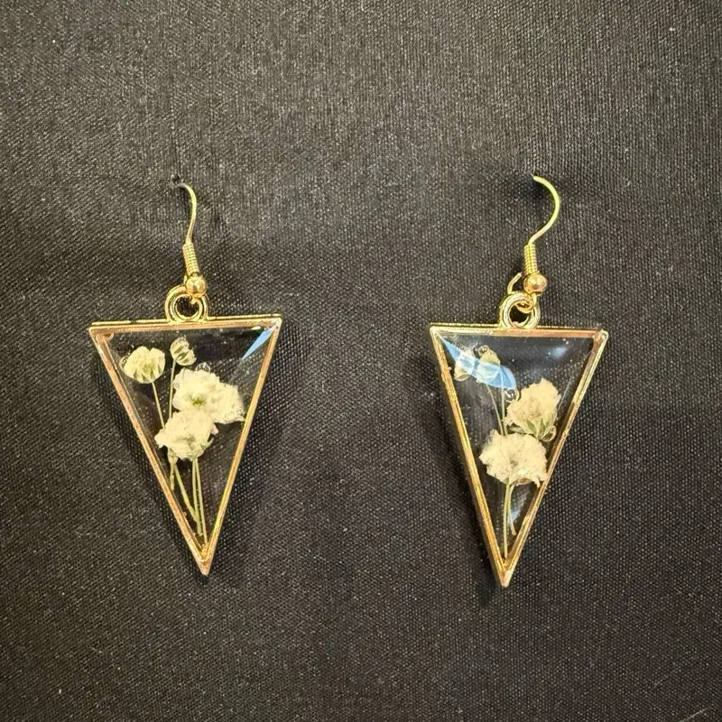 Flower Triangle Earring - Gold-Tone Triangle Shape with Floral Design