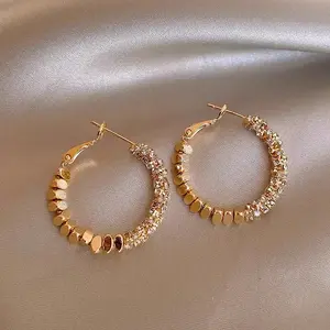 1 pair Oversized Bling Hoop Earrings ircon stones Earrings, Gold-Plated, Half-Beaded Design Unique Aesthetic  Ideal Gift for girlfriend, women,Teens