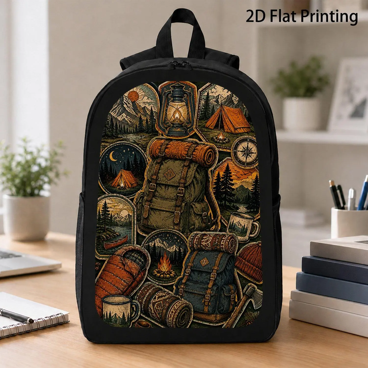 [17 Inch Backpack] 1pc Mixed Camping Sticker Pattern Backpack Vintage Wilderness Hiking Backpack Outdoor Nature Graphic Backpack For Travel School Outdoor Camping