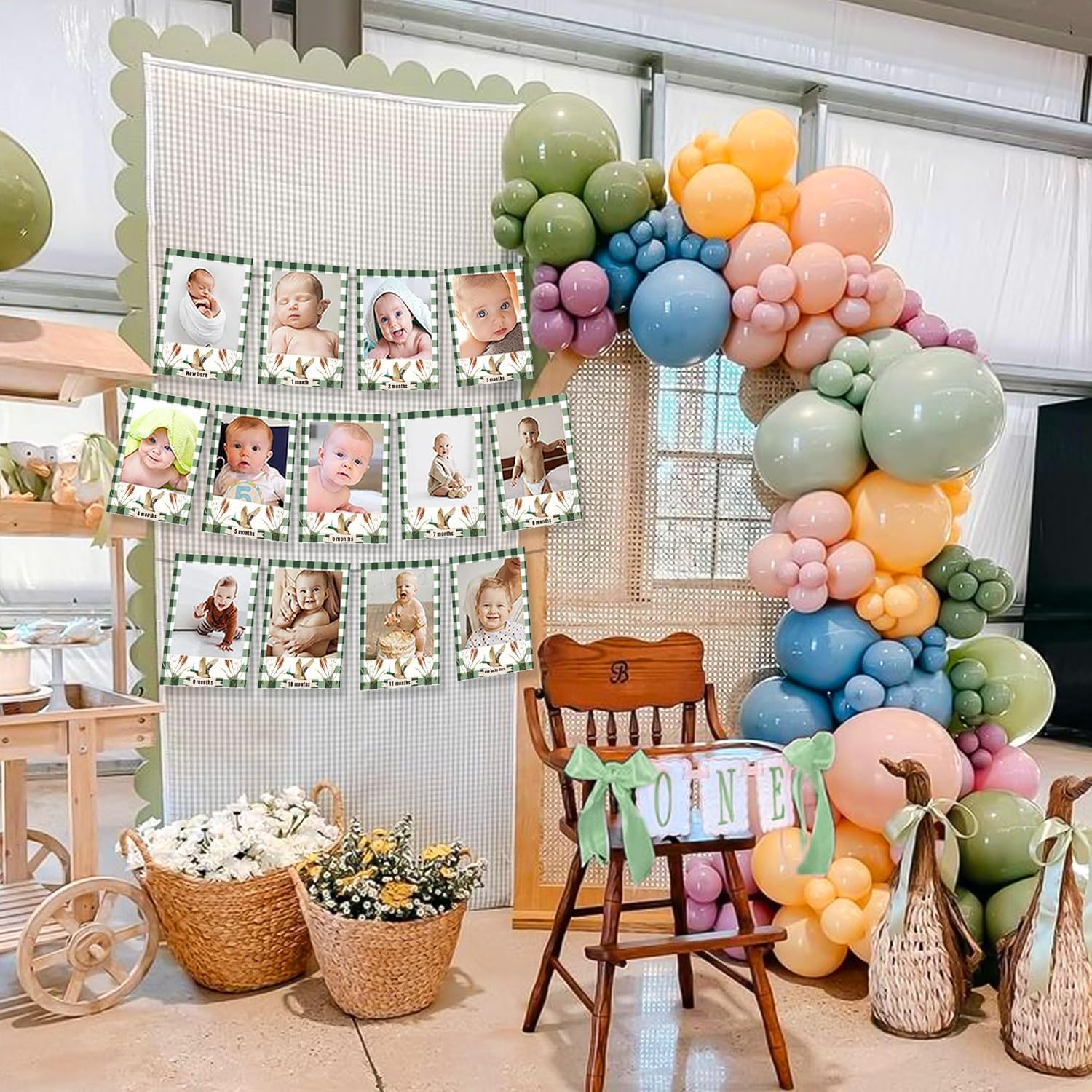 LaVenty One Lucky Duck Photo Banner Mallard Duck 1st Birthday for Baby Shower from Newborn to 12 Months Lucky Duck Theme Boy First Birthday Banner Decorations Party Supplies