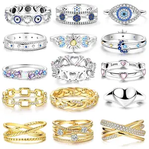 Golden Inlaid Multi Cross Wide Ring Original 925 Sterling Silver Shiny Interwoven Line Ring Rings For Women Wedding Jewelry Gift