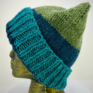 Blue and green hand knit hat with ears