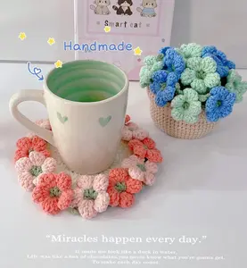 Handmade Crochet Flower Coaster With Basket, Crochet Rose Coasters, Crochet Flower Bouquet, Christmas Gift, Crochet Coaster, Gift for Her