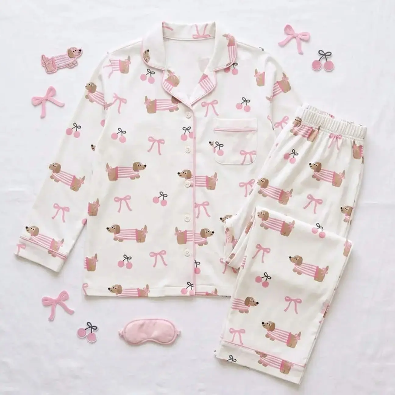 Dachshund Satin Pajama Set, Coquette Wiener Dog Silk PJs , Cute Dog Mom Sleepwear, Dog Lover Gift for Her