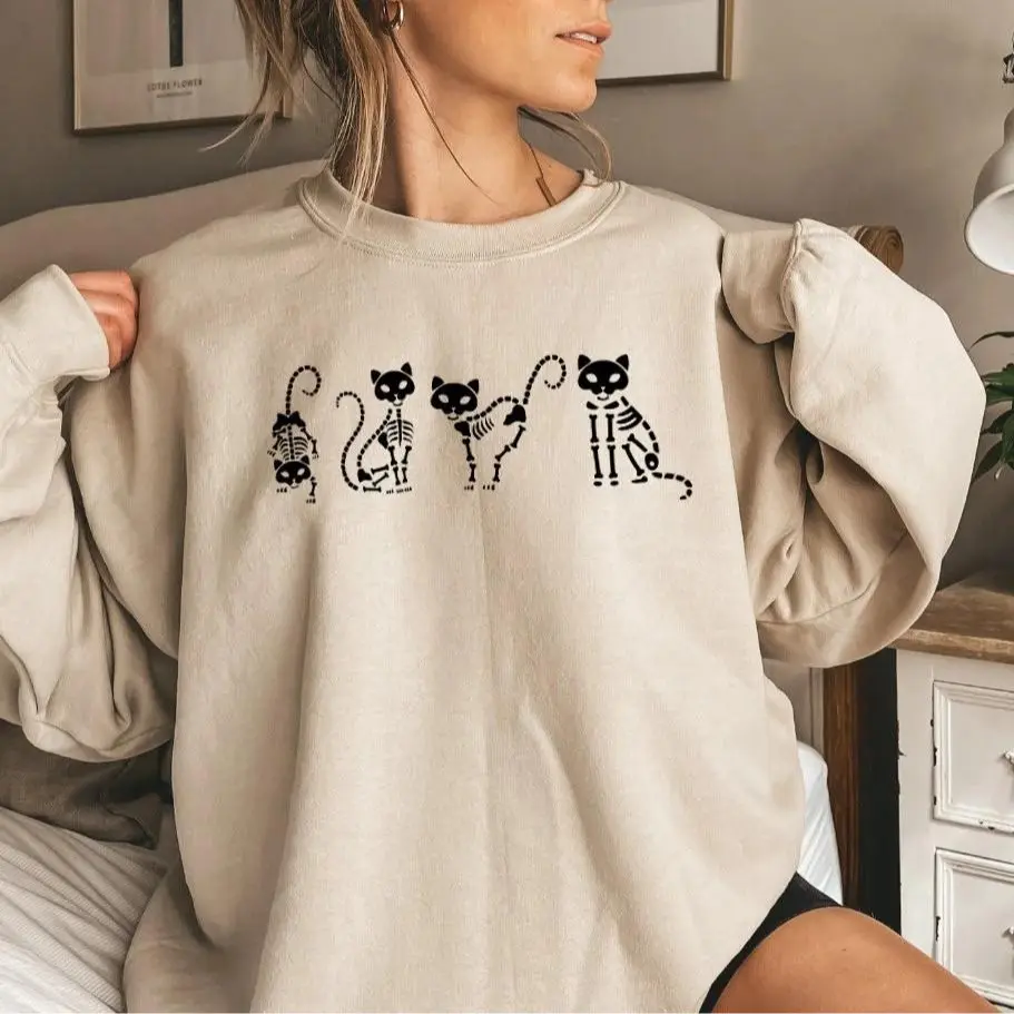 Cat Skeleton Halloween Sweatshirt, Black Cat Skeleton Crewneck, Spooky Season Halloween Sweatshirt, Cozy Fall Cat Lover Apparel, Cute Autumn Outfit, Halloween Gift for Women & Men