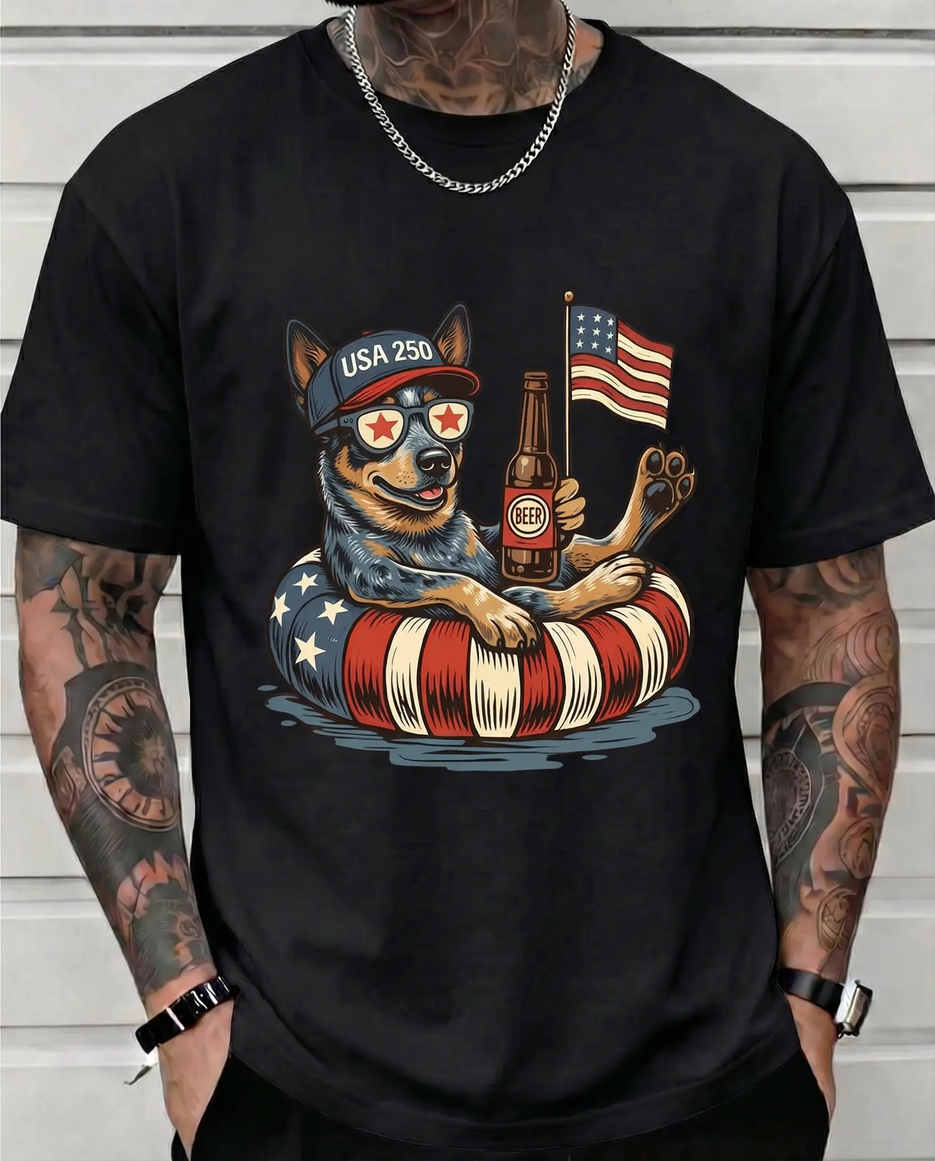 USA 250 Blue Heeler Graphic Tee 4th of July 250th Anniversary Patriotic Australian Cattle Dog Mom Summer Pool Party Drinking Men's Women's Clothes