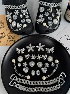 Elegant Silver Color Sparkling Shoe Decoration Charms Set, Butterfly Heart Flower Designs, Trendy Hole Shoes Accessories, 24 Pieces