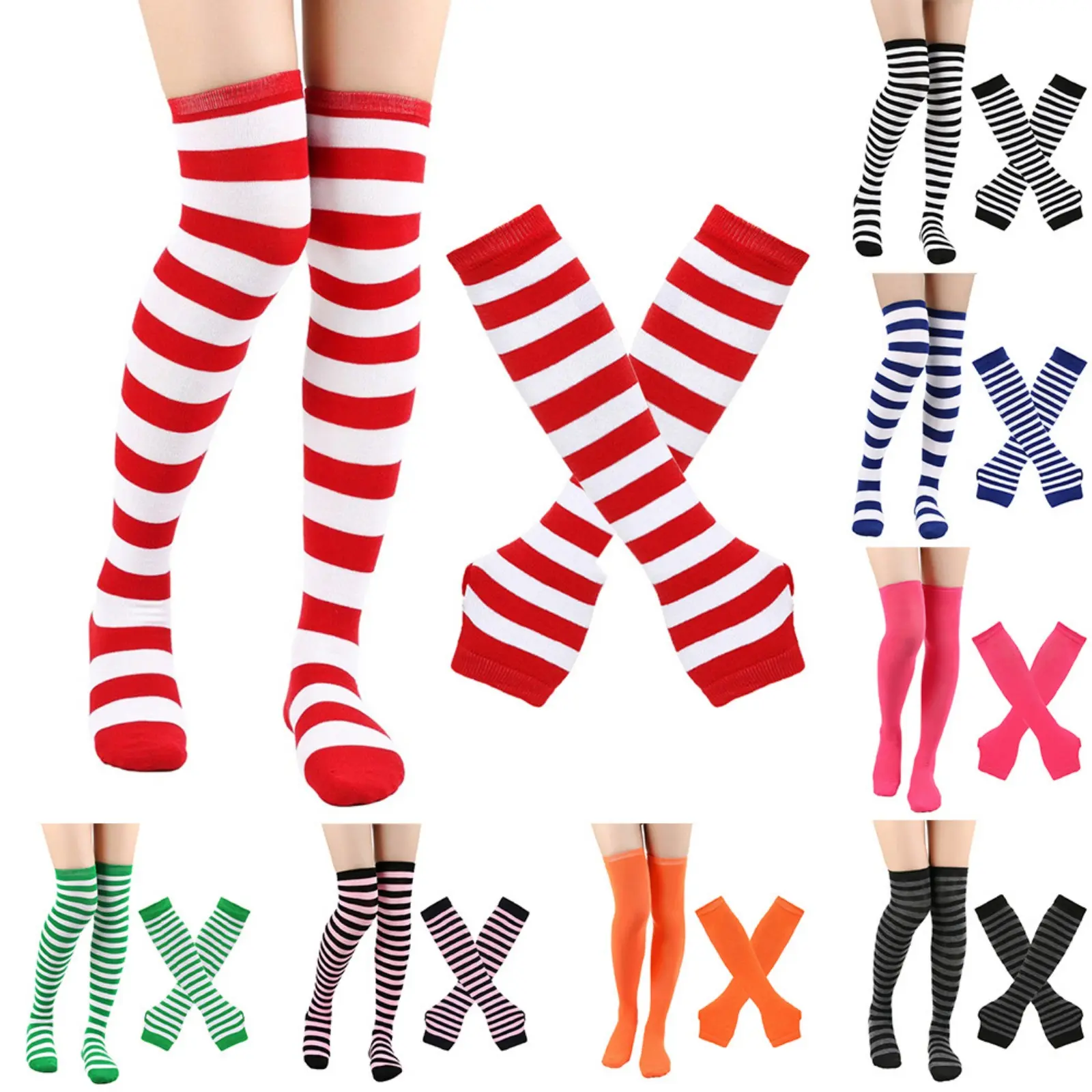 Lady's 2-Piece Christmas Striped Over-the-Knee Socks & Arm Warmer Set, Sports Apparel Essential for Harajuku Cosplay Party Coordinate, Thigh-High Stockings & Long-Sleeve Hosiery Accessories