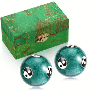 2pcs Yin Yang Baoding Balls - 1.85" Green Enamel Massage & Exercise Stress Balls with Elegant Gift Box, Hand Relief for Adults, Natural Cloisonne Craft Design, Desktop Relaxation | Yin Yang Symbol | Metal Baoding Balls, Massage Ball Stress