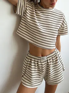 2-piece Soft Ribbed 2026 Summer  Casual Set | Short Sleeve Crop Top & High Waist Shorts | Breathable Lounge Wear for Home | One Size   short-sleeve top with side slits, elastic waist shorts, suitable for wearing out, beachwear, or loungewear Womenswear