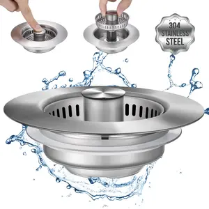 [Holiday Haul] Upgraded 3 in 1 Kitchen Sink Drain Strainer - Stainless Steel Sink Stopper, Anti-Clogging Sink Food Catcher Basket, Fast Drainage Odor Filter Sink Plug for US Standard 3 1/2 inch Drain (Silver-1Pack) 1Pcs